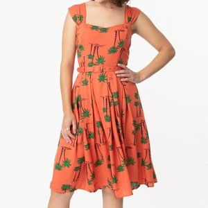 Unique Vintage Orange Palm Print Swing Dress